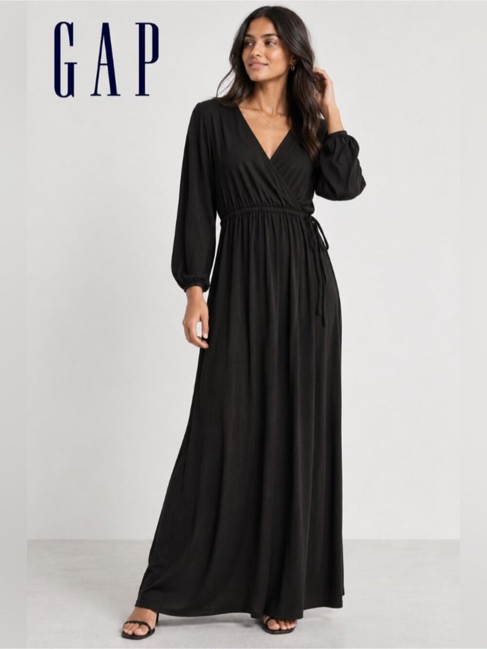 GAP Black Maxi Dress Size L – Long Sleeve Wrap Style